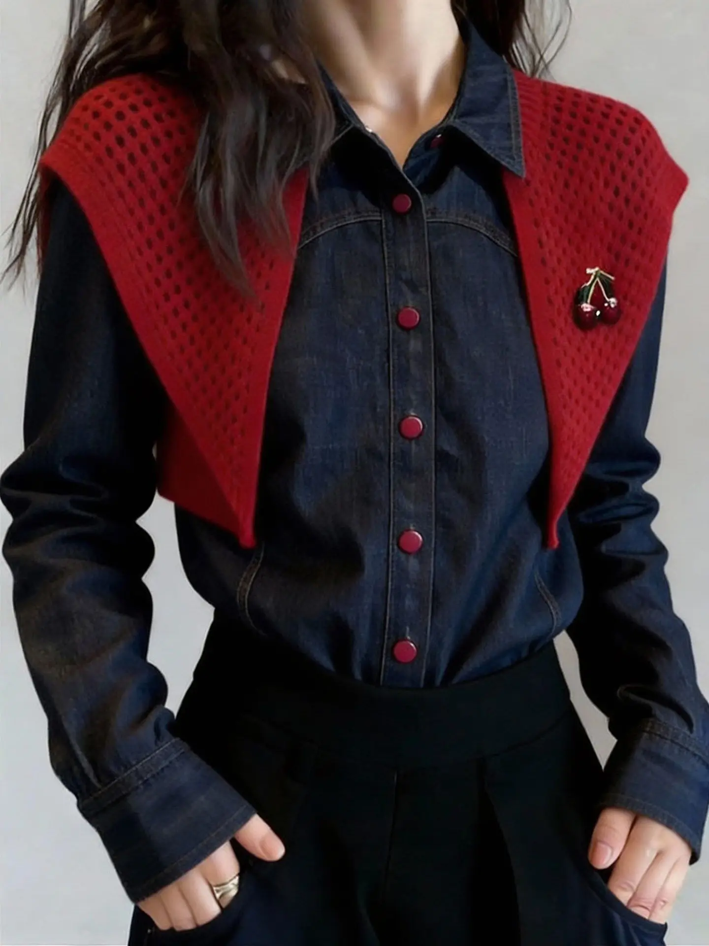 

Korean Sle Casual Versatile Long Sve Collared Denim oulder Wrap Women's Faion Slimming Spring New Arrival irt