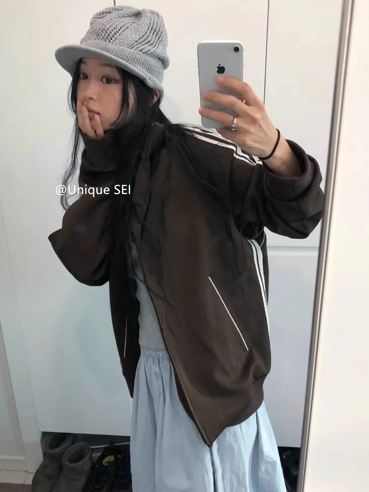 Retro Japanese Style Lace Trim Striped Zipper Collar Sporty Casual Versatile Women's Outerwear Spring Summer Unique SEI