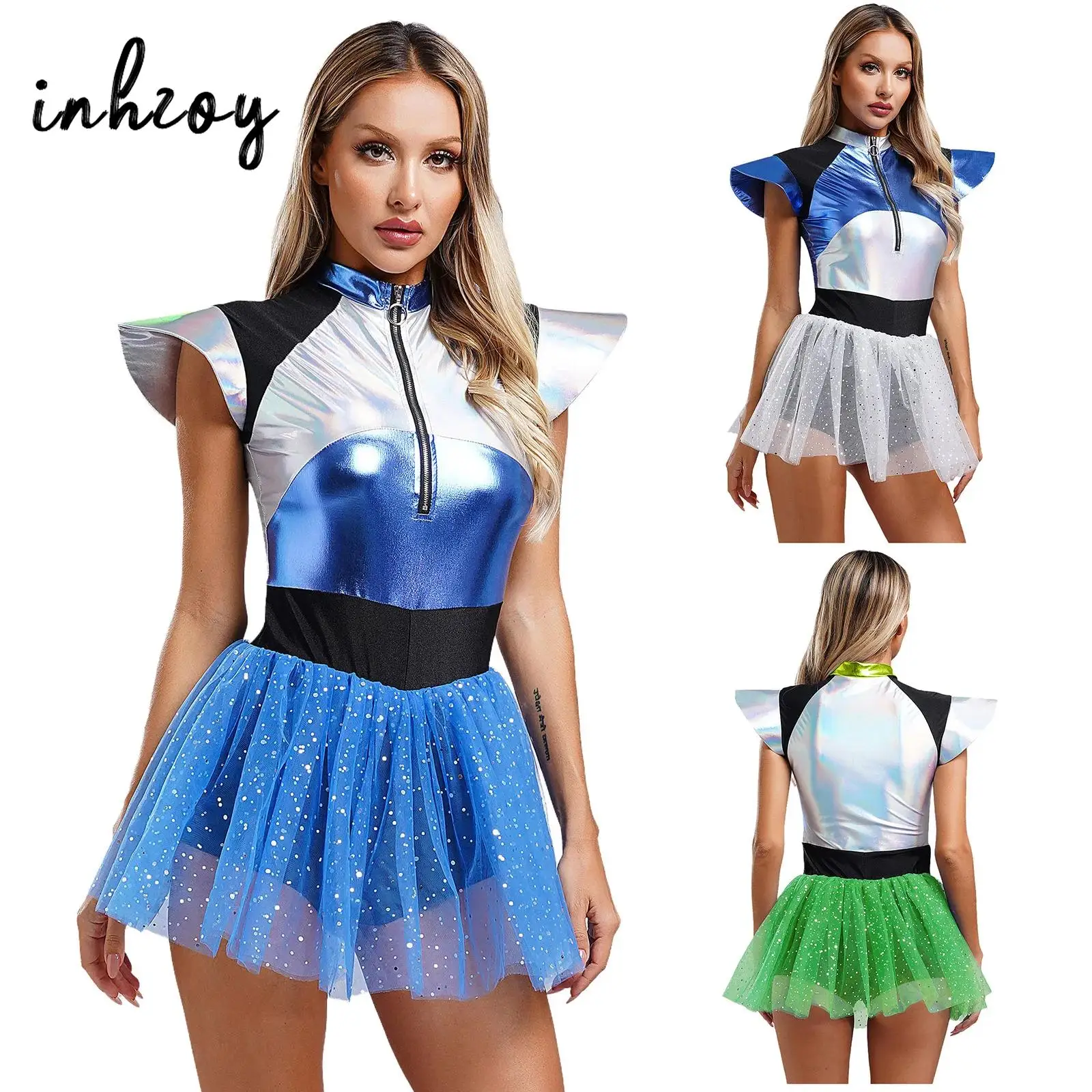 

Женский костюм космического инопланетянина с блестками, тюлевая юбка, купальник, комбинезон для Хэллоуина, космонавта, косплей, праздничное платье