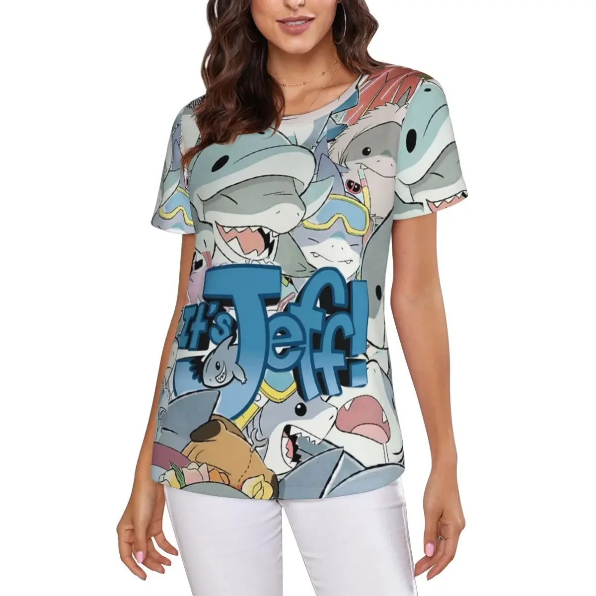 Cute Jeff The Land Shark Cartoon T-Shirt Women Short Sleeve T Shirts O-Neck Clothes Cotton Summer Tees Streetwear