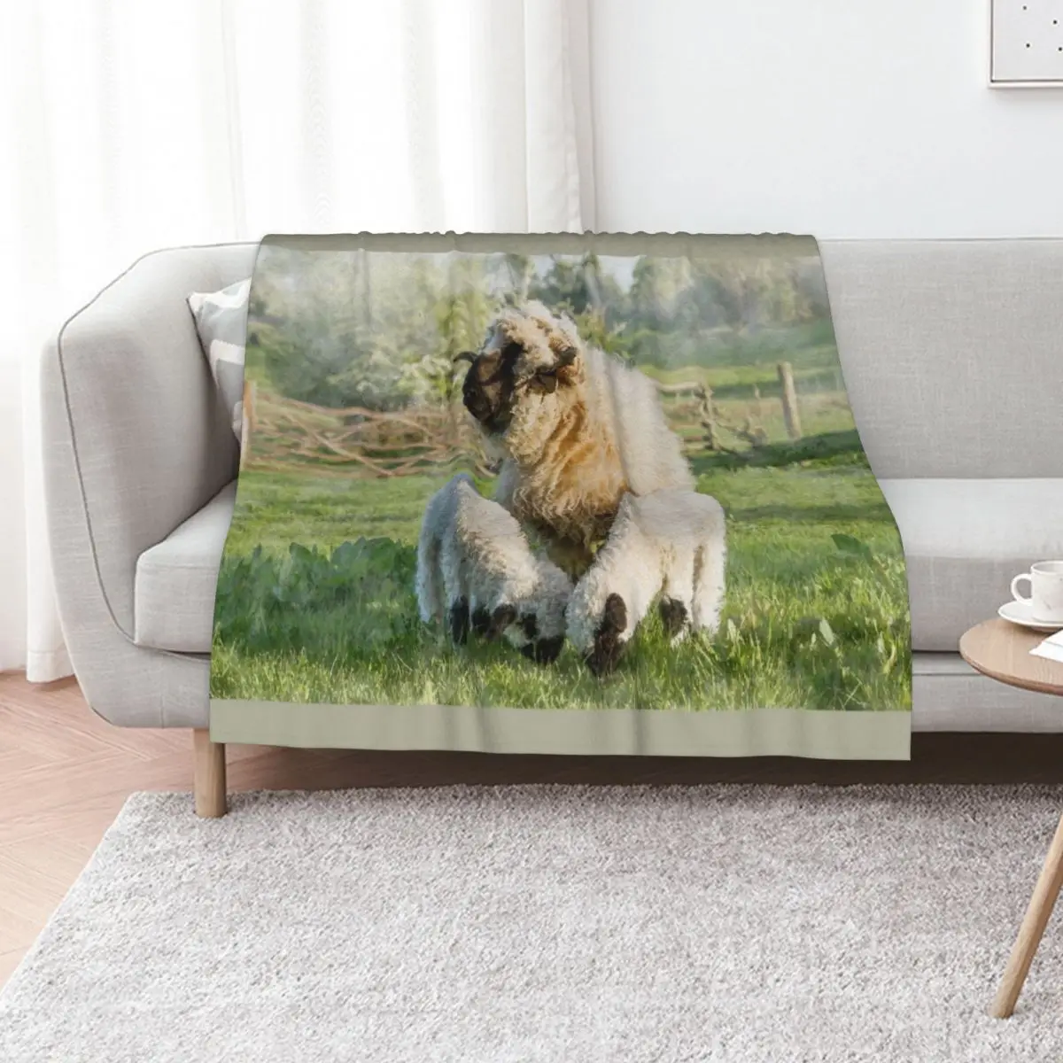 Watercolour Photograph of Valais Blacknose Sheep and Her Twin Lambs Throw Blanket Sofa Quilt Furry Decoratives Blankets