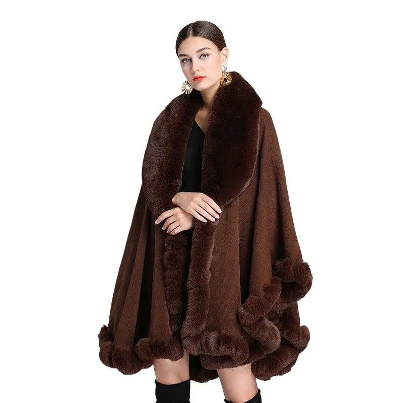 

Женский длинный кардиган, шаль, пальто, осень-зима, свободный меховой воротник с имитацией кролика, свободные пончо из искусственного кашемира с капюшоном