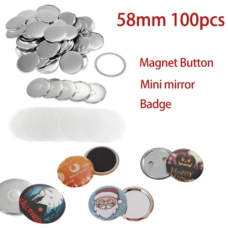 58mm 100set DIY Blank Pin Button Badge Material Whiteboard Fridge Magnets Mini Morror Making Parts Punch Press Machine Supplies