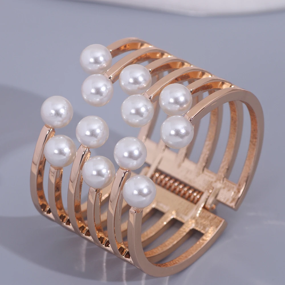2024 Punk Heavy Metal Wide Open Bangle for Women Gold Color Imitation Pearl Multi layer Cuff Bracelet Trendy Party Hand Jewelry