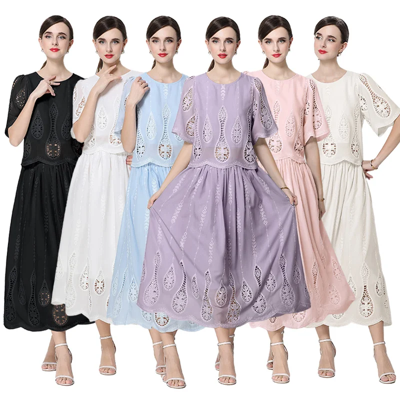 

New round Neck Hollow out Embroidery Top High Waist Skirt Set Women's Fashion Elegant Style Summer Light Weight Zipper Closure