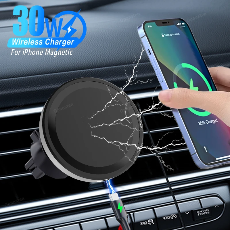 

30W Magnetic Car Wireless Charger Air Vent Clip Phone Holder Bracket For iPhone 17 16 15 14 Pro Max Type C Fast Charging Stand