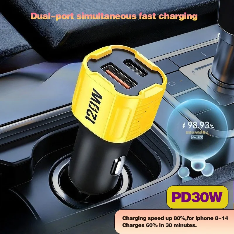 2Port PD 120W Cool Mecha car charger QC4.0 PD30W car phone charger for HUWAWEI/IPHONE fast charging cigarette lighter adapter