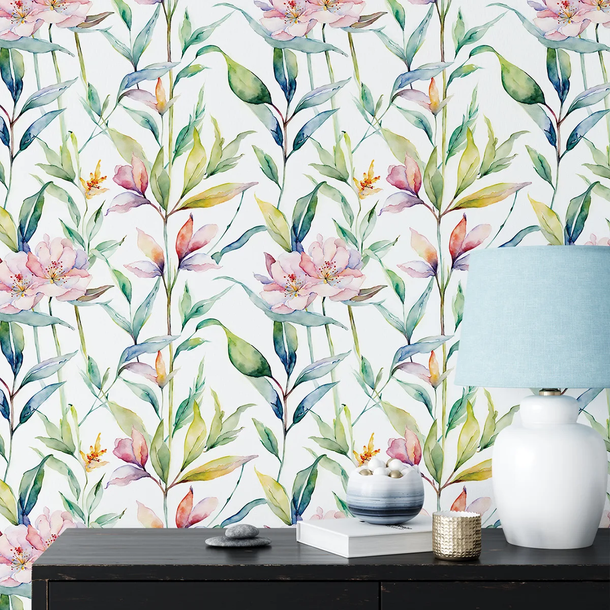 

Pink Floral Contact Paper Peel and Stick Wallpaper Vinyl Self Adhesive Watercolor Flower Leaves Wall Paper for Bedroom Decor