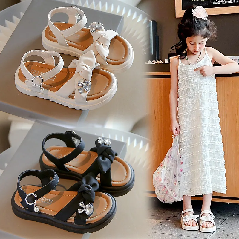 

Children's Sandals 2024 Summer New Girl's Bow Princess Korean Version of Big Children Beach Women's Shoes