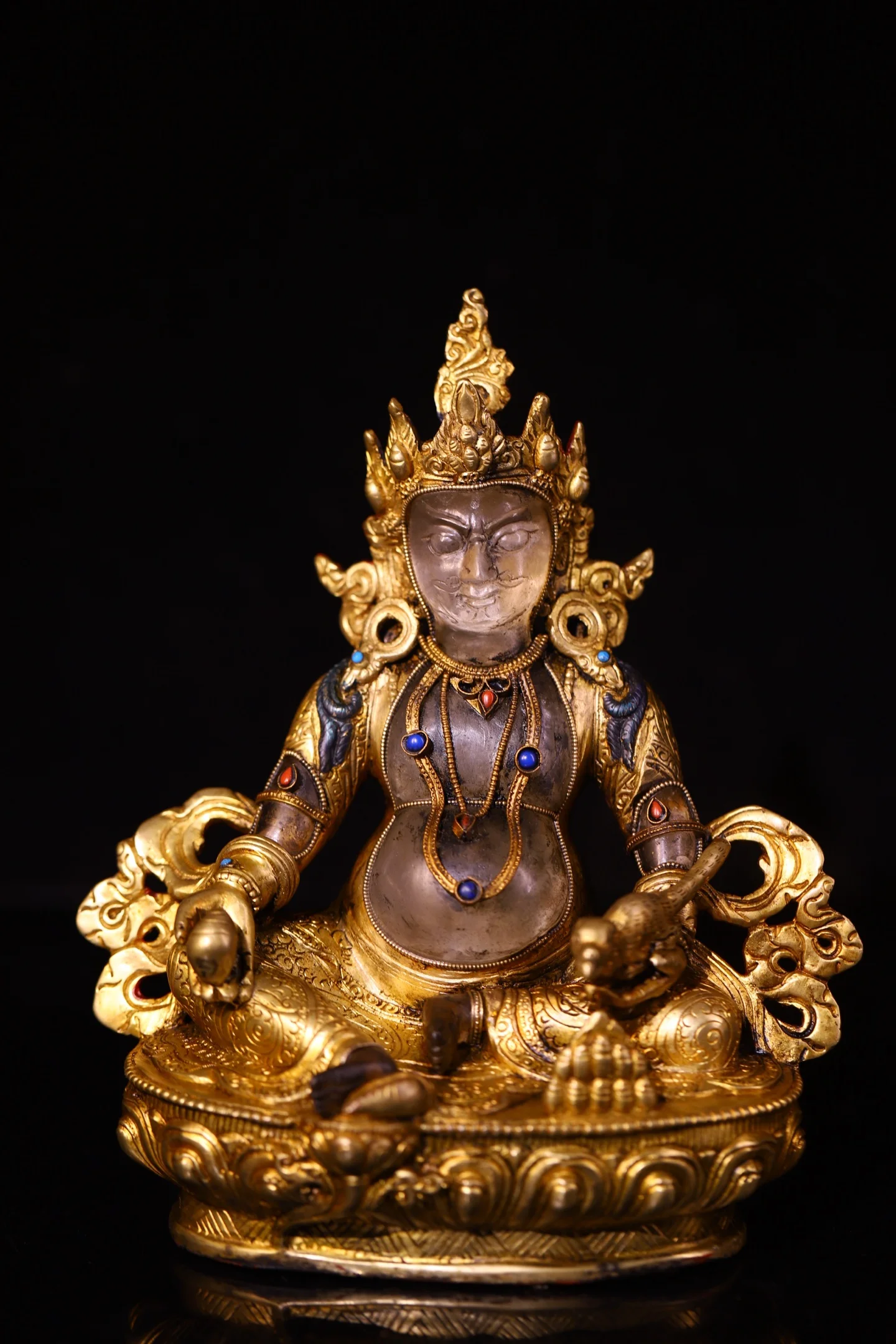 

8-дюймовая старинная статуэтка Будды Джамбалы из натурального кристалла с позолоченной тибетской серебряной мозаикой и драгоценными камнями, Желтый Бог богатства