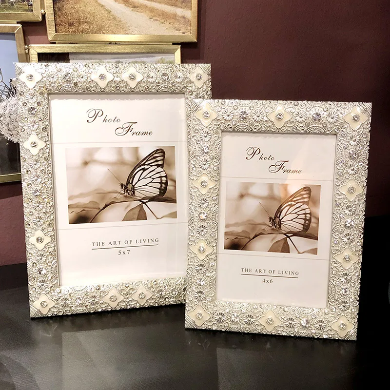 

European Silver White With Clear Rhinestones Jeweled Solid Flowers Design 4x6,5x7,8x10 Inches Metal Picture Frame