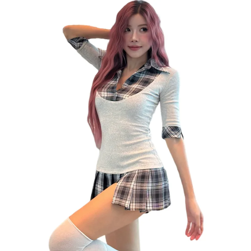 

European and American summer ins wind cross-border niche design trend fashion plaid splicing top puffy skirt women's clothing