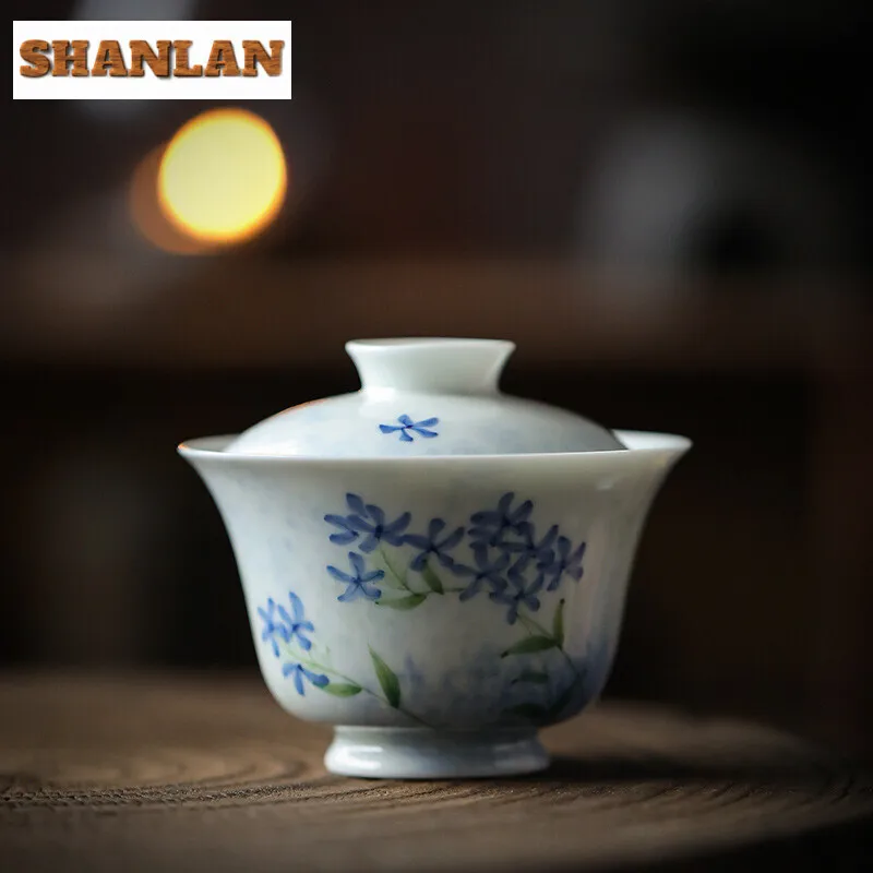 

110ml Hand-painted Blue Magnolia Cover Bowl Household Small Size Gaiwan Zen Tea Tureen Chinese Tea Making Cafes Collection Gifts