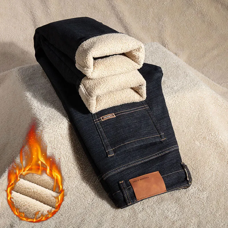 الشتاء الرجال الصوف الجينز الأعمال الكلاسيكية المخملية الدافئة رشاقته السراويل موضة مطرزة الصوف حجم كبير جينز أسود 42 44 46 48 #1