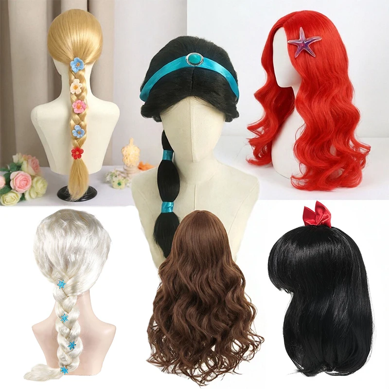 

Детский парик Принцесс Эльзы и Анны для Хэллоуина, карнавала, маскарада: Белль, Жасмин, Русалочка, Рапунцель, Аврора, Белоснежка, Ариэль