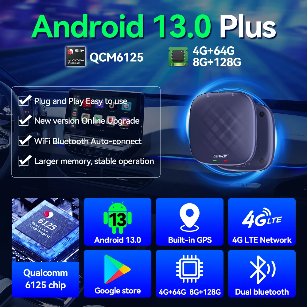 CarlinKit CarPlay Ai Box Android 13 لـ Netflix Youtube Qualcomm QCM6125 /6225 8-Core CPU Wireless Android Auto CarPlay Dongle