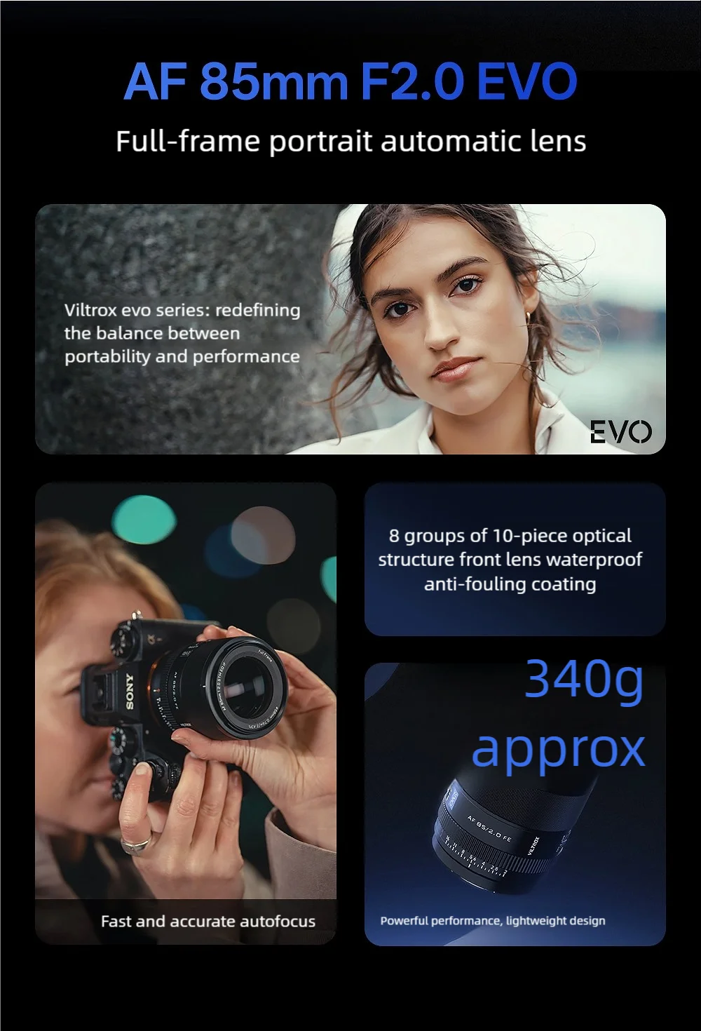 Obiektyw VILTROX AF 85mm F2.0 EVO Full Frame z automatycznym ustawianiem ostrości i dużą przysłoną do mocowania Sony E Nikon Z A7IV A7C ZV-E1 FX3 A9III — zdjęcie produktu 2