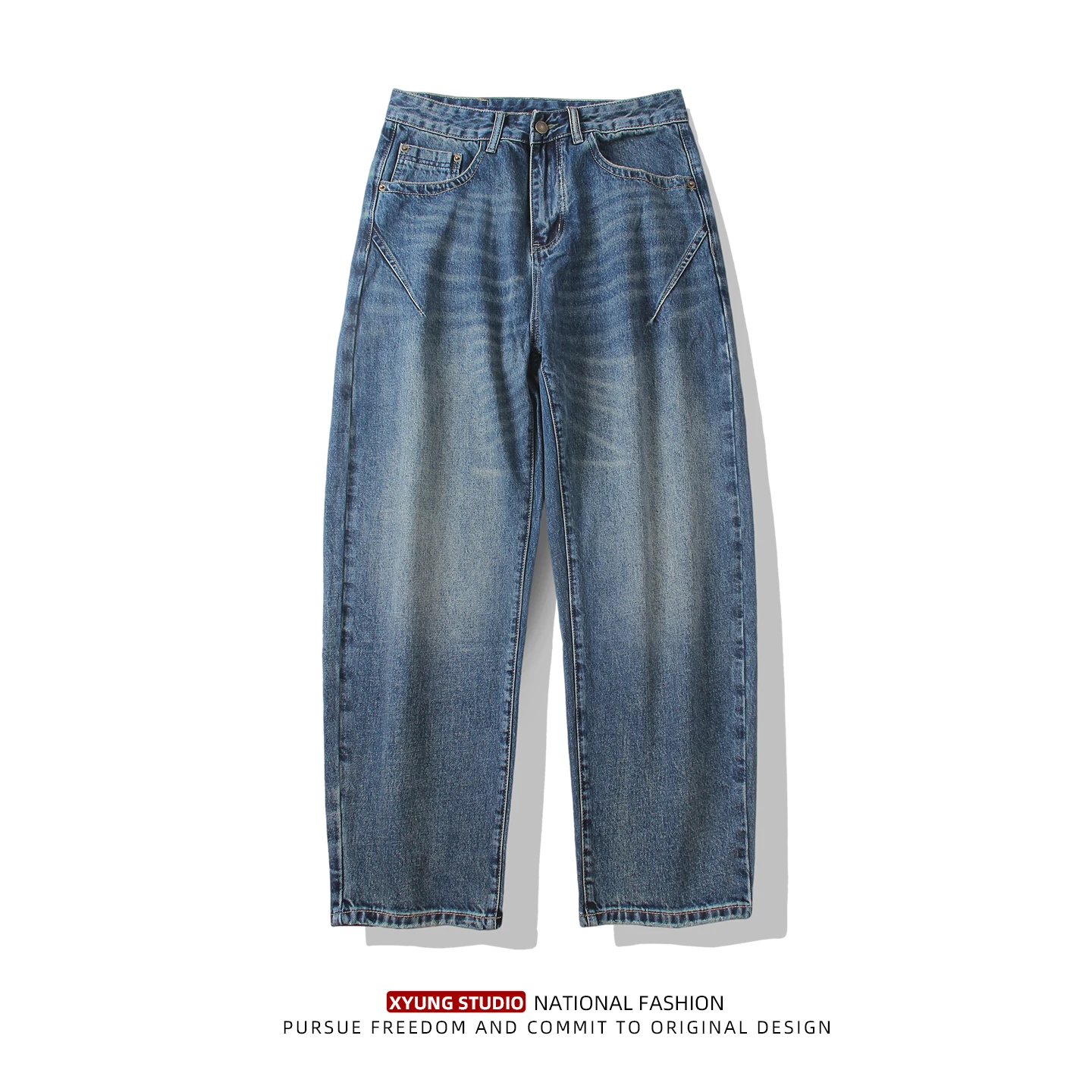 

Джинсы с американской талией в стиле ретро, мужские повседневные свободные прямые длинные брюки, весенне-осенние новые потертые хлопковые джинсы