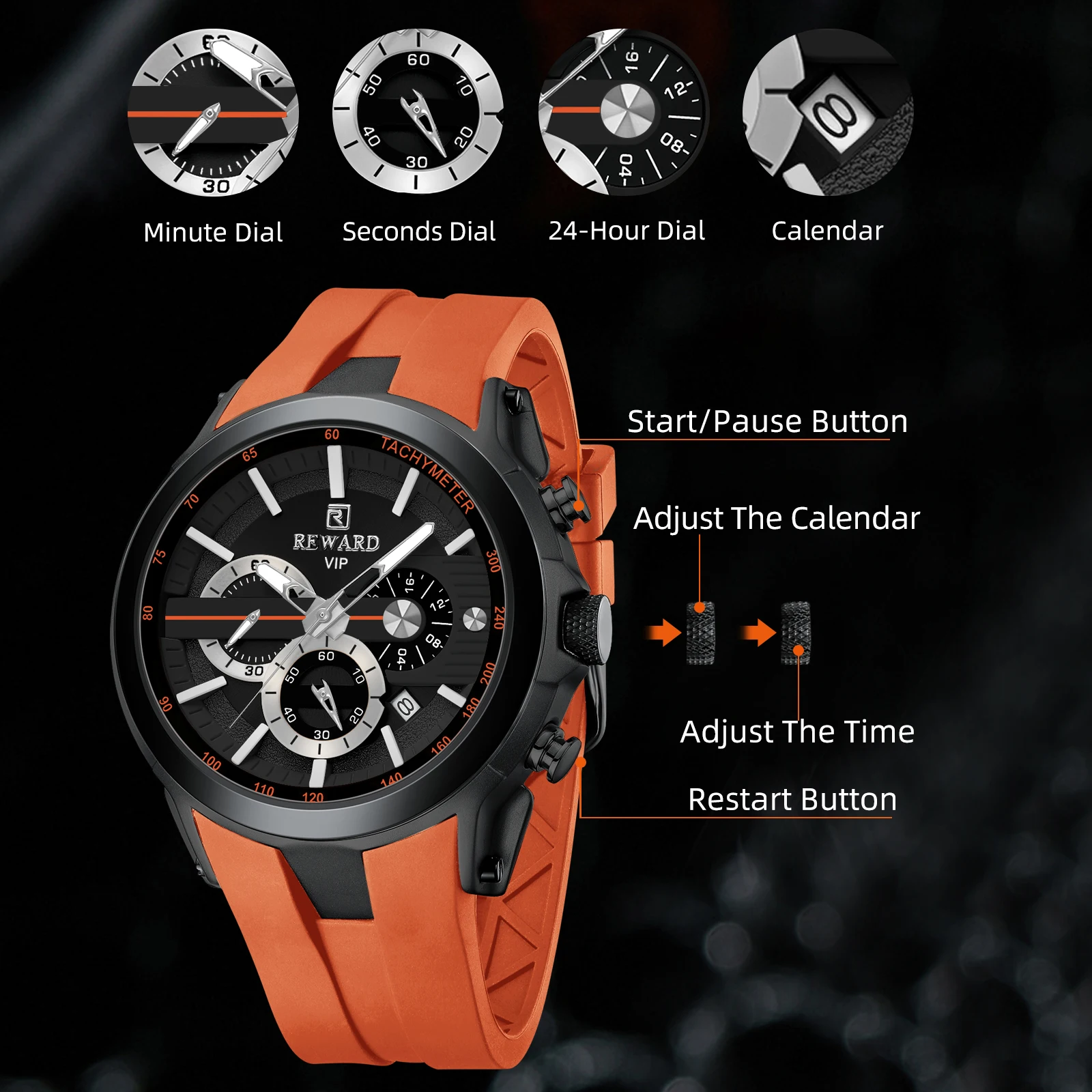 REWARD VIP New Mens Watches for Man Fashion Waterproof Sport Wristwatch Leather Strap Luminous Chronograph 3 Real Subdials