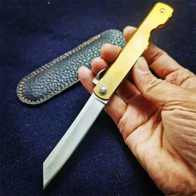 Portable outdoor tool knife, Damascus mini self-defense tactical copper handle manual folding knife, convenient EDC small knife