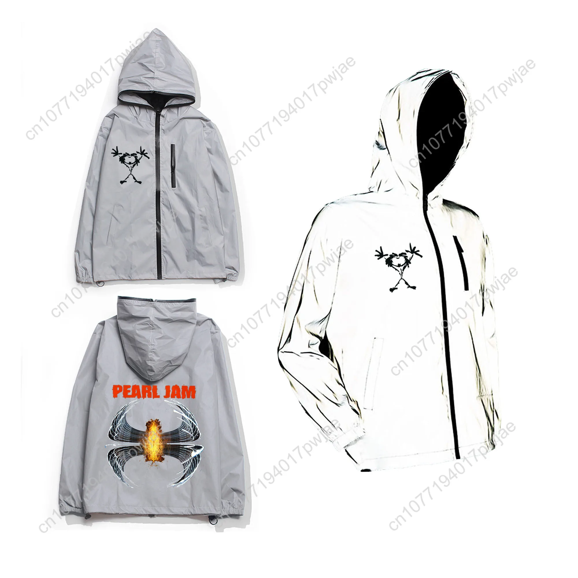 Pearl Jam Rock Band Reflective Jacket Mens Womens Coat Hooded Windbreaker Run Pocket Jackets Hiking Zipper Customized Hoodie