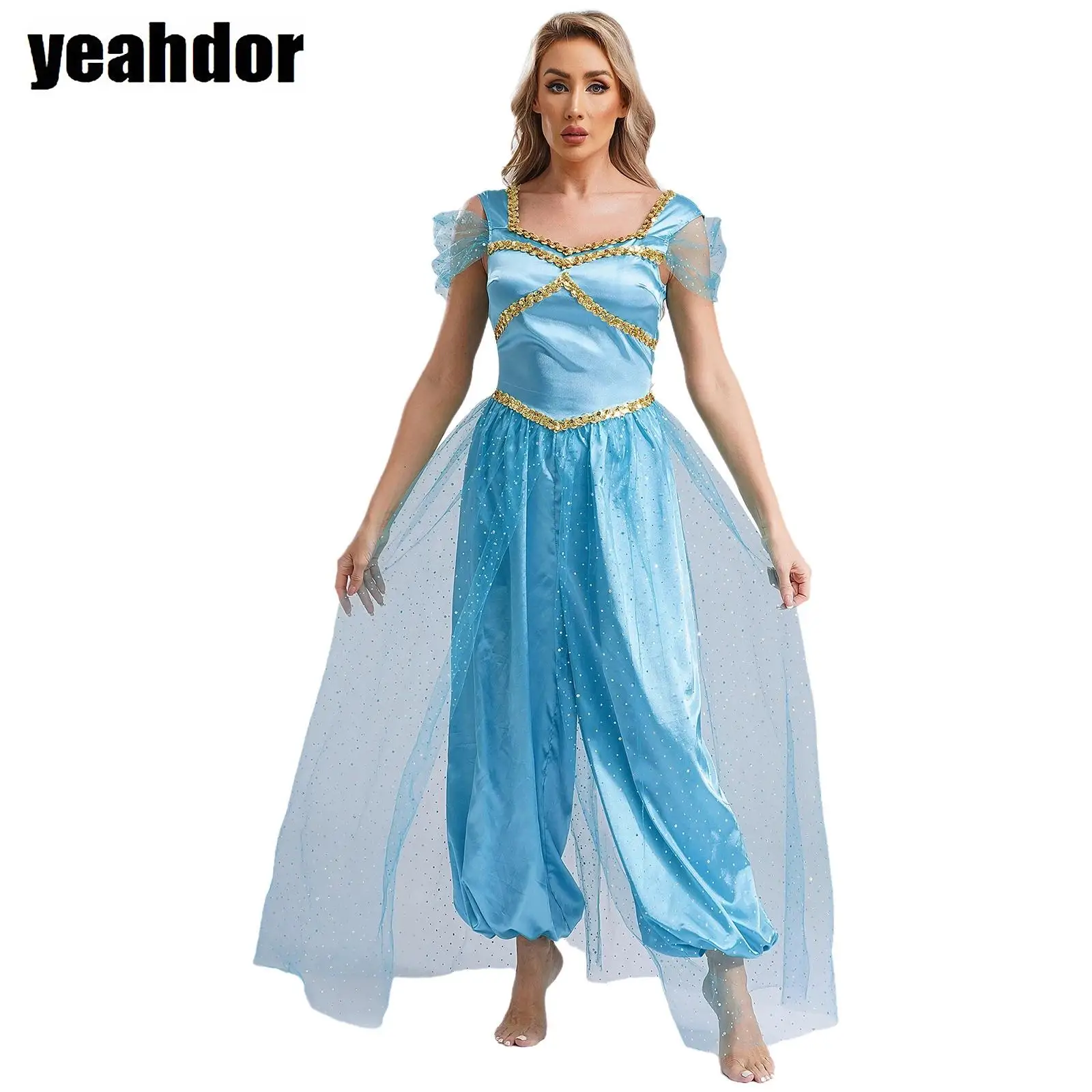 

Women Belly Dance Jumpsuit Indian Costume for Halloween Arabian Princess Cospaly Costume Sequin Pumpkin Pant with Tulle Romper