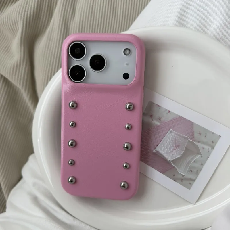 حافظة هاتف جلدية فاخرة من الخرز المعدني لهاتف آيفون 17 برو 14 15 16 برو ماكس حافظة حماية كورية لطيفة لهاتف أبل 16 برو ماكس C