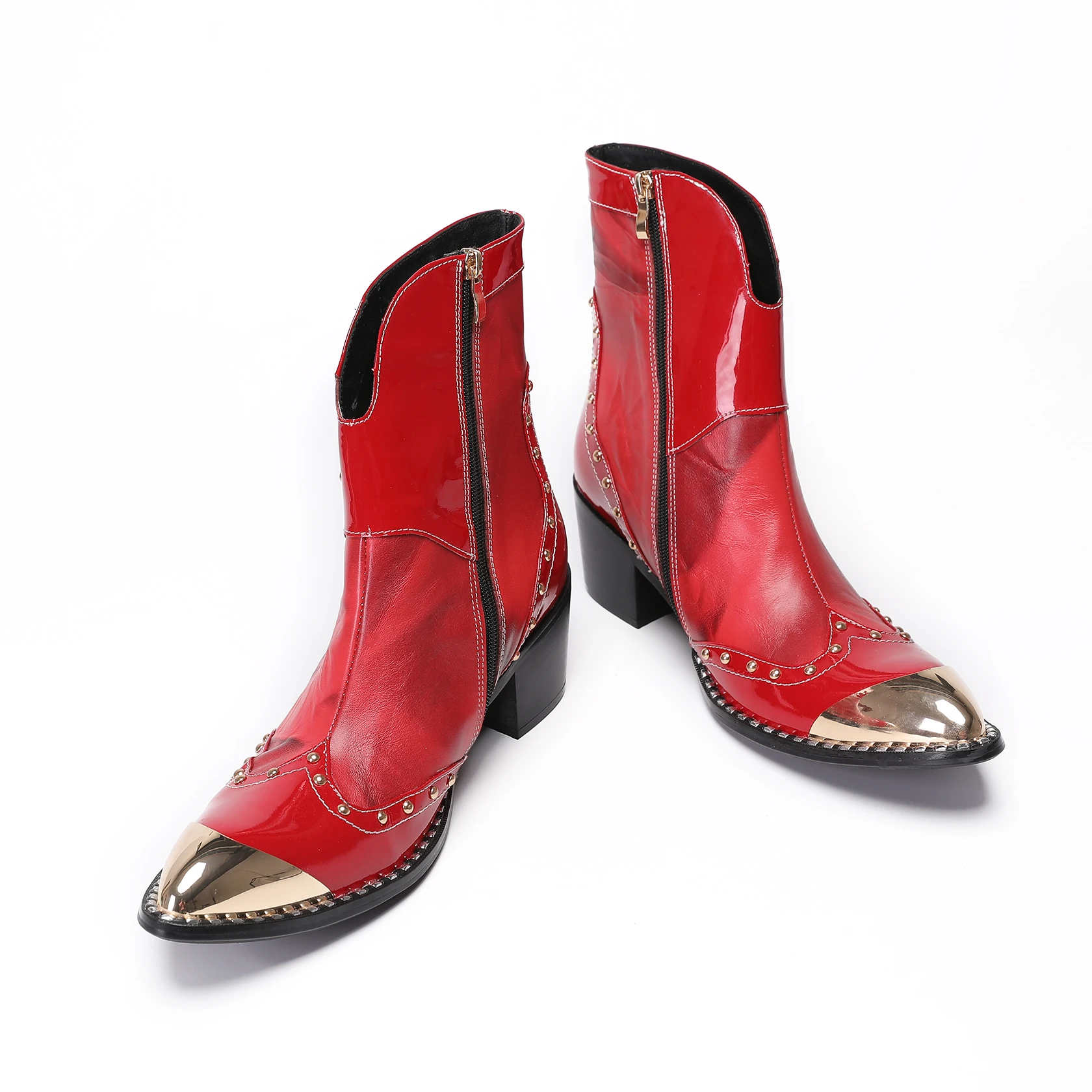 

Botas Red Rivets Pointed Toe Genuine Leather Men Ankle Boots Plus Size Party Dress Shoes Zipper Cowboy Motorcycle Short Boots