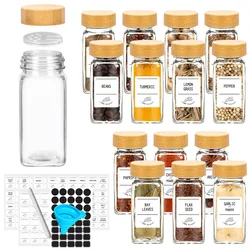 12 pcs Glass Spice Jars with Bamboo Lids Include with Minimalist Spice Labels Stickers Collapsible Funnel Kitchen Spice Jar Set