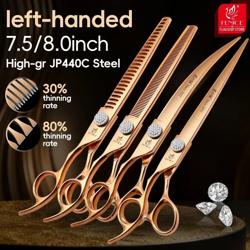 Fenice JP440C Pro Left Hand Pet Grooming Scissors 7/7.5/8 Inch Straight Curved Thinner Chunker Shears for Canine Hairdresser