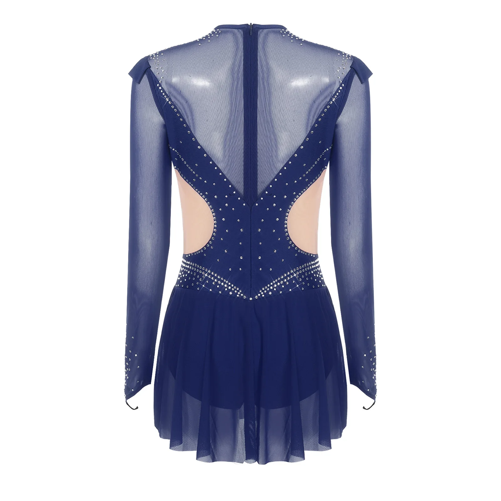 Womens Ballet Latin Lyrical Dance Leotard Dress Gymnastics Figure Skating Costume Rhinestone Mesh Ruffled Trims Leotard Jumpsuit