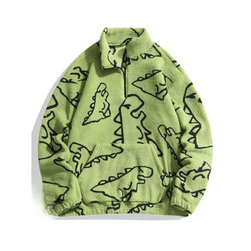 Men's Dinosaur Print Drop Shoulder Zip up Plush Hoodie Comfortable Unisex Outdoor Clothing Summer 2025 Fashion Trend