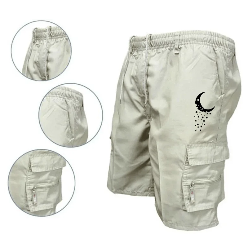 Celestial Cargos Men Moon & Stars Embroidery Quick-Dry Polyester 4 Zippered Pockets Elastic Waist Outdoor Night Jogging Shorts