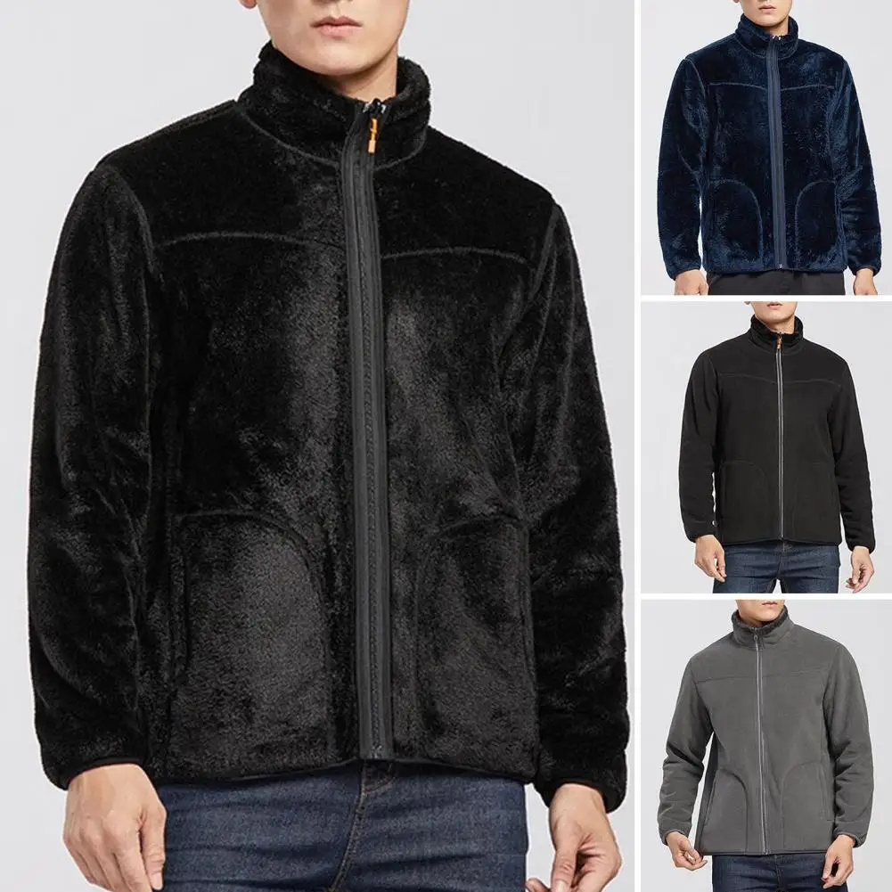 Men Polyester Jacket Warm Windproof Men's Jacket with Stand Collar Zipper Closure Cozy Coat for Fall Winter Comfortable for Men