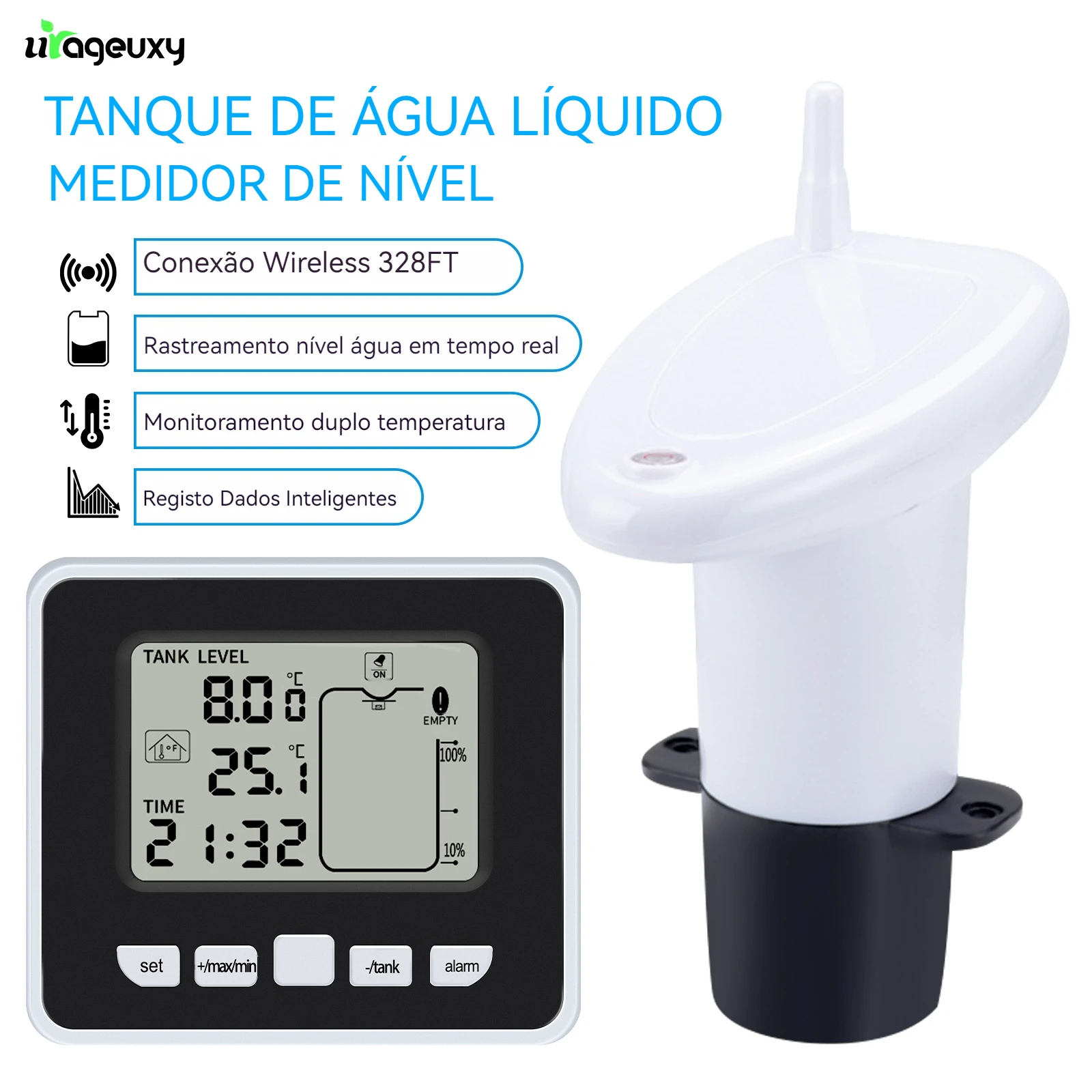 Medidor de nível líquido ultrassônico sem fio para tanque de água, com sensor de temperatura, display lcd em tempo real, alarme alto/baixo, registro mínimo/máx para casa