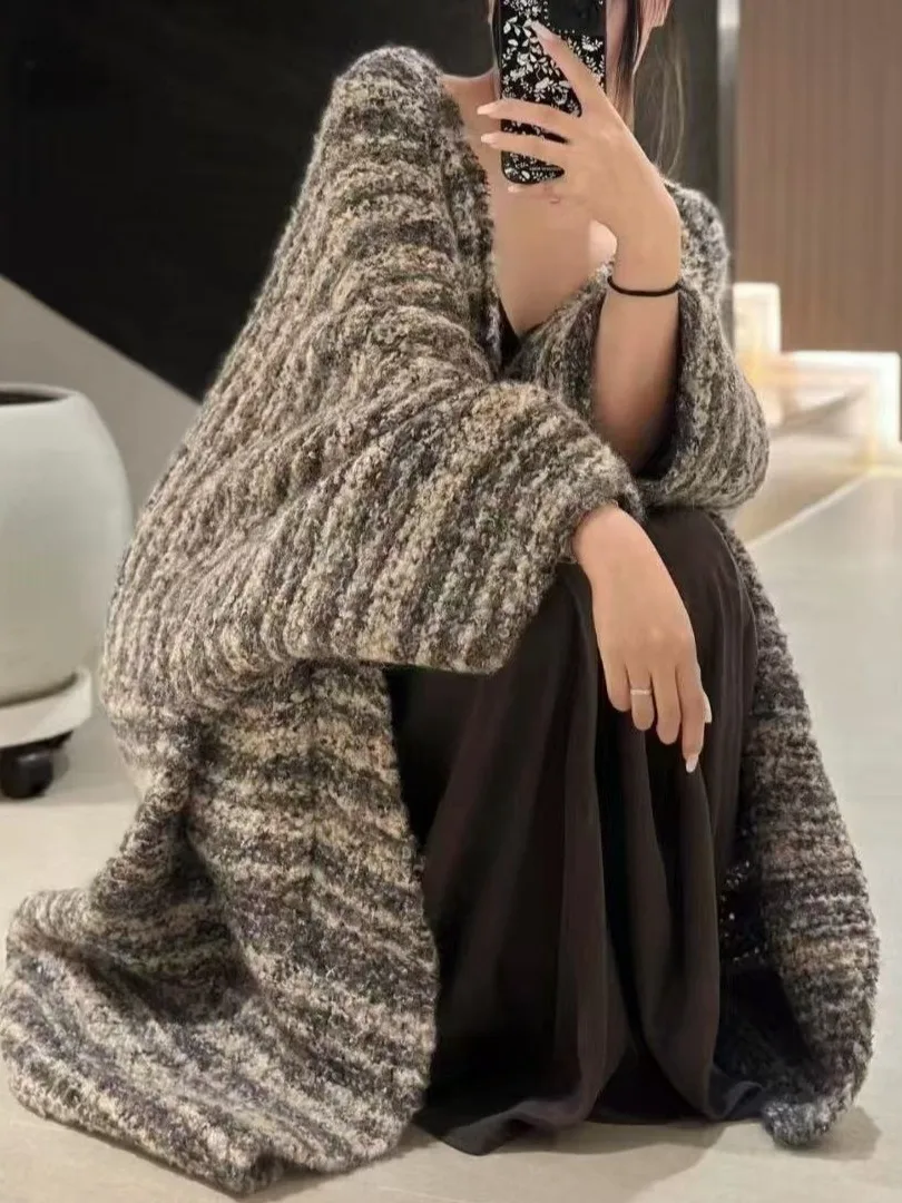 

Retro Lazy Sle Mid-Length Knitted Cardigan Women's Autumn Winter Slimming Versatile Thi Sweater Jaet All-Match Top