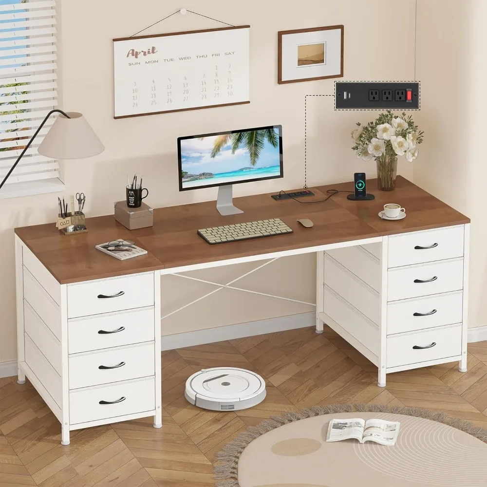 

60 Inch Computer Desk with 8 Drawers, Home Office Desk with Power Outlets, Work Study Gaming Desk with 8 Fabric Drawers,