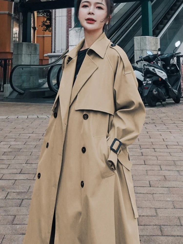 2023 Spring Fall Khaki Long Trench Coats For Women Elegant Korean Loose Overcoats Casual Fashion Streetwear Windbreaker