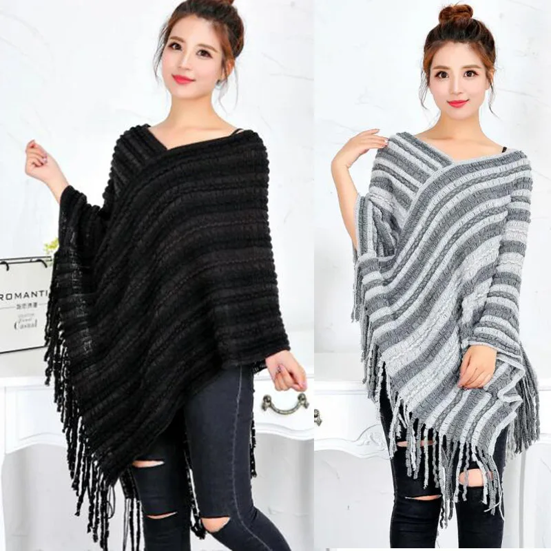 

Knitted Cape Shawl Color Matching Spring Autumn Tassel Pullover Shawl Woman Poncho Leisure Fashion Air Conditioning Room Warmth