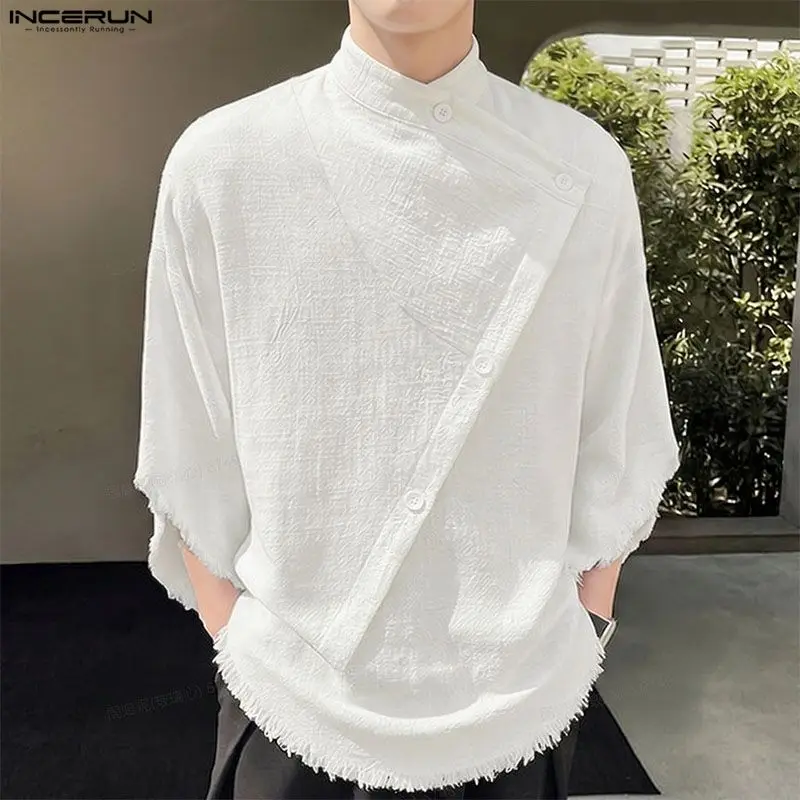 INCERUN Men's Shirt Tassel Solid Stand Collar Half Sleeve Men Clothes Streetwear Loose 2026 Summer Fashion Casual Tops Camisas