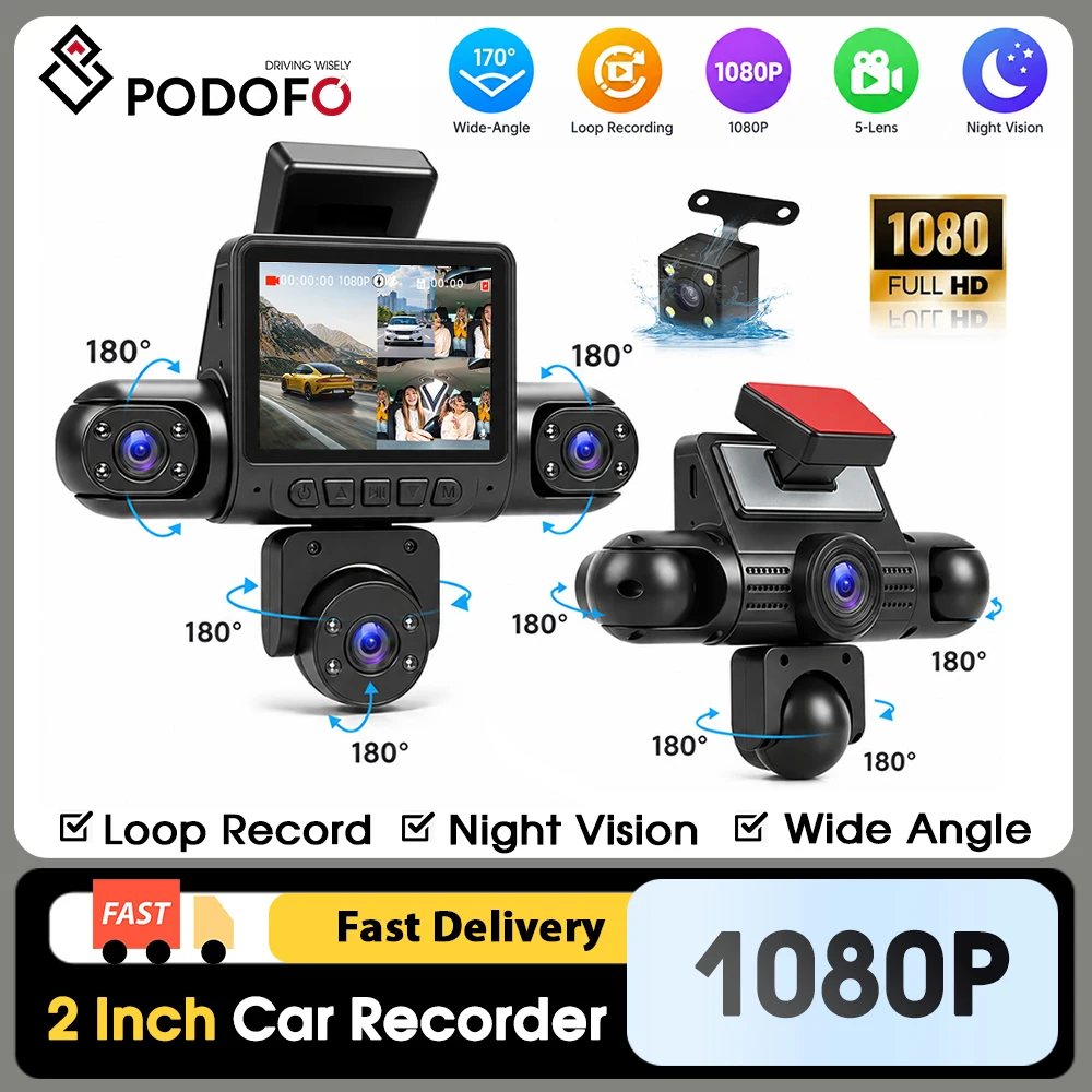 Podofo 2,0 Zoll 1080P Auto-Dashcam Fünf-Kanal-HD-Auto-DVR-Rekorder mit 480P Links-Innen-, Rechts-Innen- und Rückfahrkamera Fahrzeug-Videoüberwachung Schleifenaufnahme Gravitationssensor Auto-Rekorder