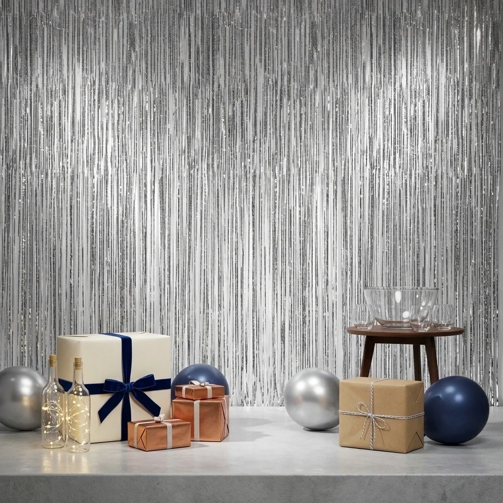 12 Individual Silver Metallic Fringe Curtains for Backdrop Creation Each 1m Wide by 2m Long with Peel Off Strip