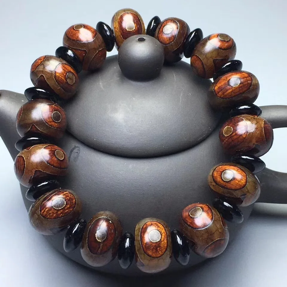 Natural Tibetan Agate Three Eye Dragon Abacus Bead Bracelet for Men and Women