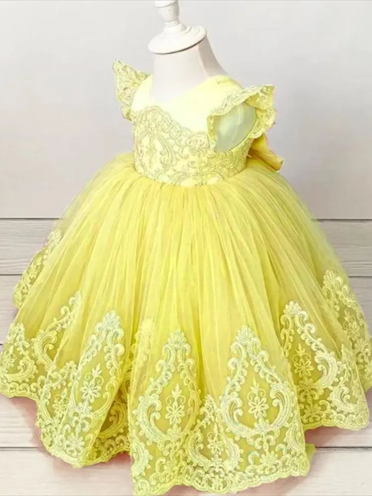 Light Yellow Flower Girl Dresses Elegant Princess Fluffy Gauze Bow Ball Gown For Kids Birthday Party  First Communion