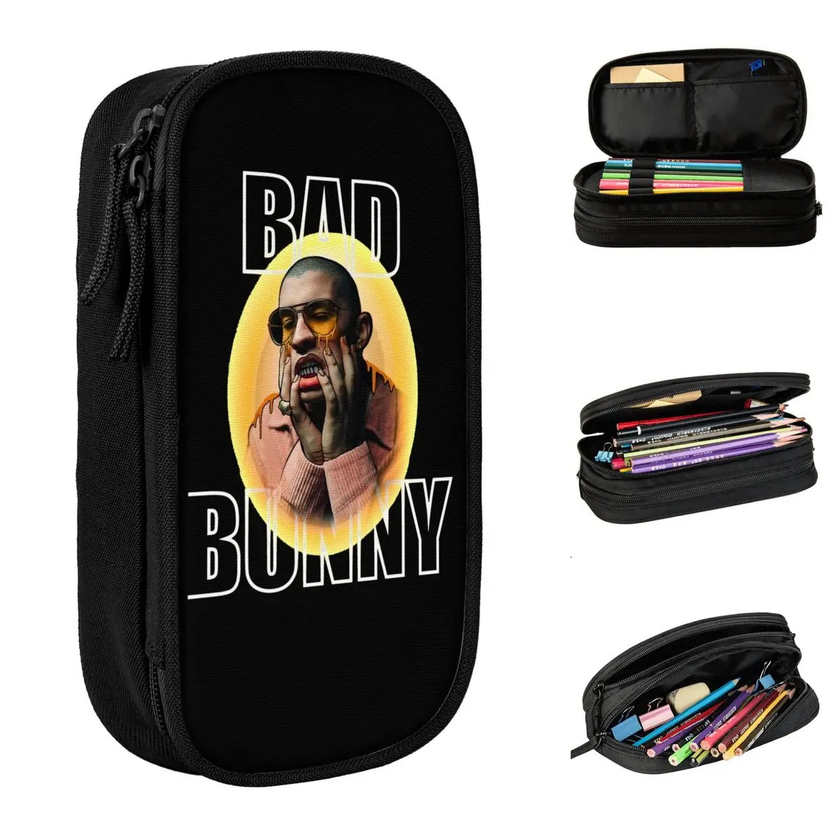 Bad Bunny  Face Cool Pencil Case Hip Hop Rapper Pencil Box Pen Girl Boy Large Storage Bag Students School Gift Accessories