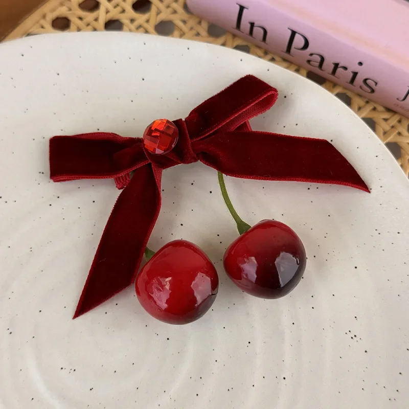 레드 체리 보우 벨벳 헤어 클립 머리띠 여자 여자 달콤한 머리핀 아이 귀여운 바레트 패션 크리스마스 헤어 액세서리