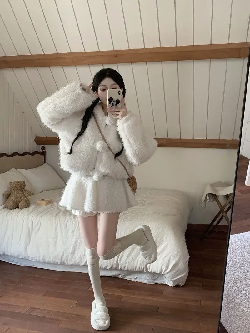 Kawaii Bear Ear Japanese Hoodies Lamb Wool Short Coats Sweet Women Sudaderas Mujer Ball Tops Preppy Style Y2k Sweatshirts