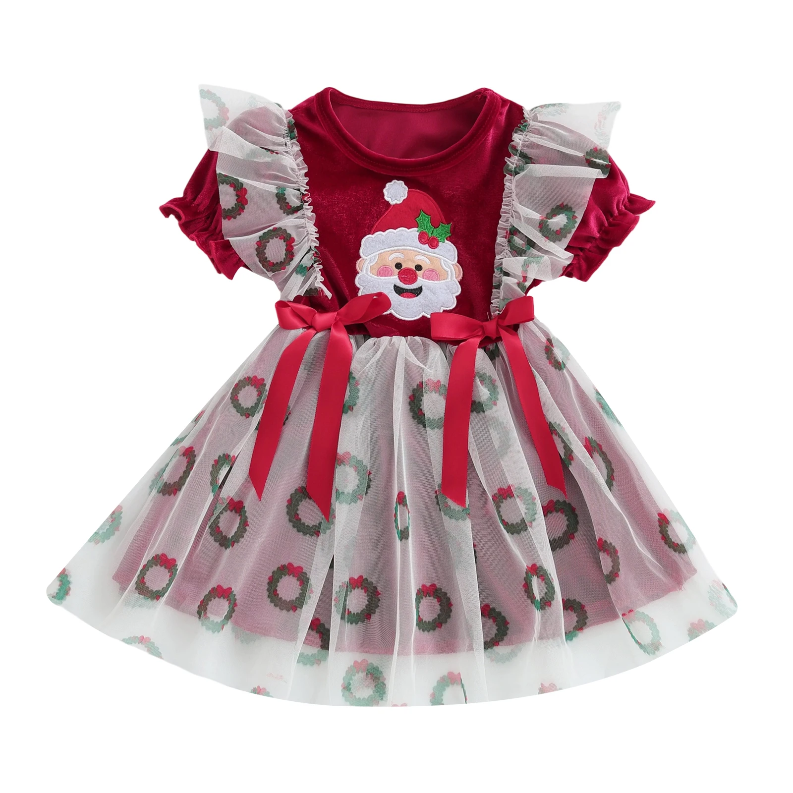 

Toddler Girl Santa Embroidered Dress Short Sleeves Round Neck Wreath Print Tulle Patchwork Christmas Dress