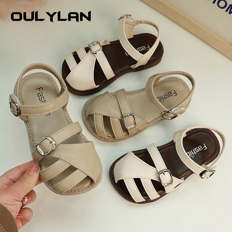 2024 Summer Hollow Sandals Casual Roman Shoes for Girls Large Children Leather Slippers Soft Sole Anti Slip Sandals Size 31-36