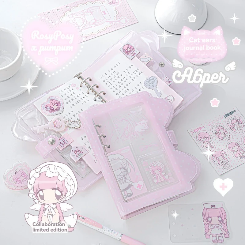 1PC PumPum Cat Ear Loose Leaf Notebook A7 Transparent Binder Journal, Korean Style Handbook Pocket Student Stationery